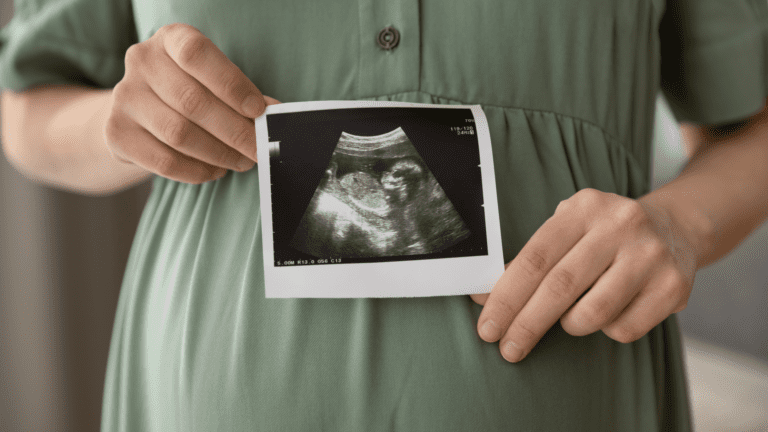 vrouw met foto van echo